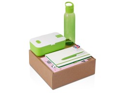 Подарочный набор с бутылкой для воды. блокнотом, ручкой и ланчбоксом, зеленое яблоко