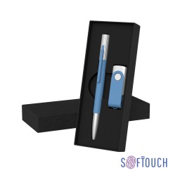 Набор ручка "Clas" + флеш-карта "Vostok" 16 Гб в футляре, оранжевый, покрытие soft touch, голубой