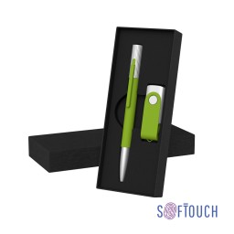 Набор ручка "Clas" + флеш-карта "Vostok" 16 Гб в футляре, оранжевый, покрытие soft touch, зеленое яблоко