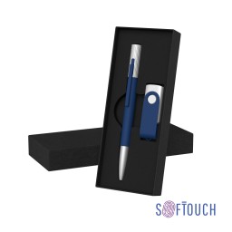 Набор ручка "Clas" + флеш-карта "Vostok" 16 Гб в футляре, оранжевый, покрытие soft touch, темно-синий